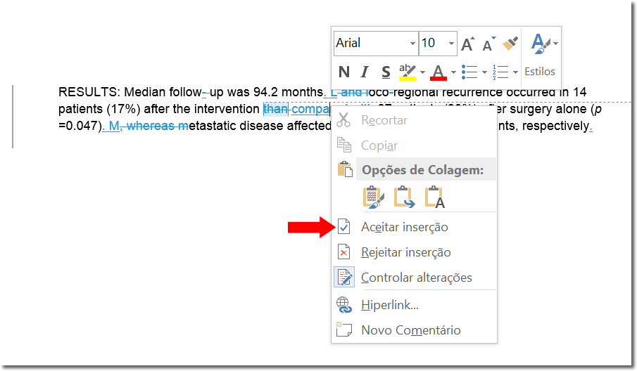 Aceitar mudanças - controle de alterações - Word